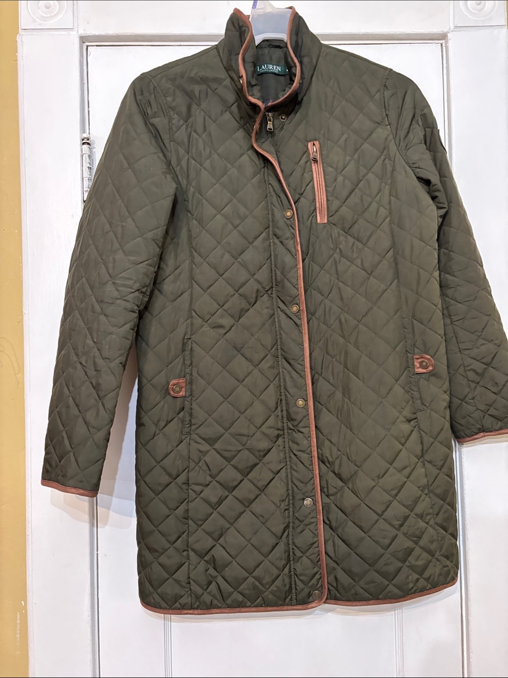 Lauren Ralph Lauren Olive Quilted Coat with Tan Trim